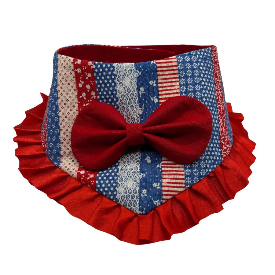 Patriotic red, white, blue bandana with bow for dogs.