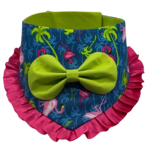 Flamingo-themed pet accessory with bow and ruffle trim.