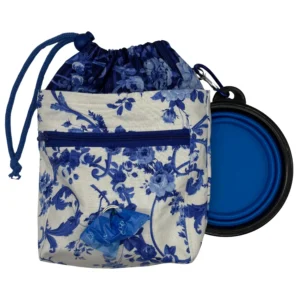 Floral dog treat bag with collapsible bowl.