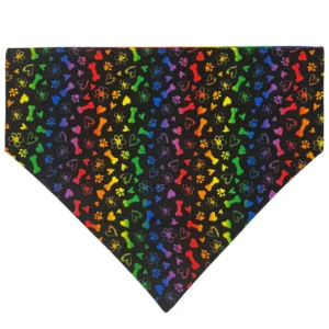Rainbow paw and bone pattern on black bandana.