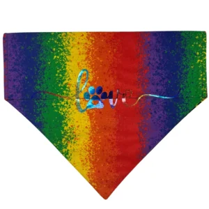 Rainbow bandana with 'love' and paw print design.
