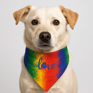 Dog wearing rainbow bandana with 'love' print.