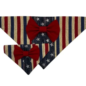 Patriotic dog bandanas with red bow accents.