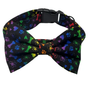 Rainbow dog collar with bowtie and colorful patterns.