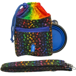 Colorful dog treat bag with collapsible bowl.