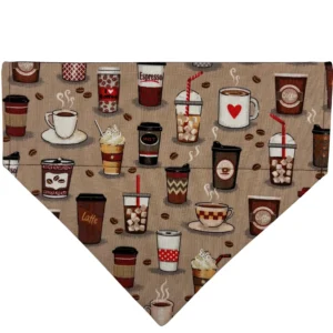 Coffee-themed bandana with various cup designs.