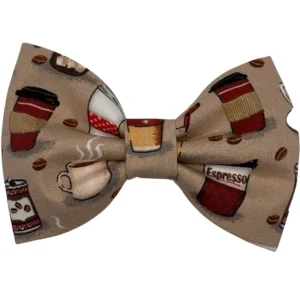 Coffee-themed bow tie with various coffee cups.