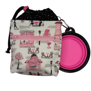 Parisian themed dog treat pouch with collapsible bowl.