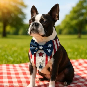 Boston Terrier with patriotic bandana outdoors