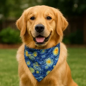 Golden retriever with Starry Night bandana, outdoors.