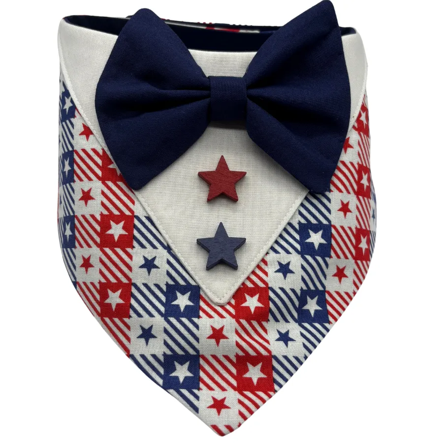 Patriotic dog bandana with stars and bowtie.