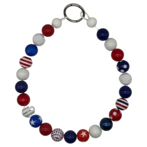 Patriotic-themed beaded bracelet in red, white, blue.