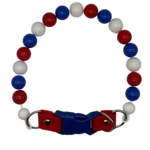 Patriotic dog collar with red, white, blue beads.