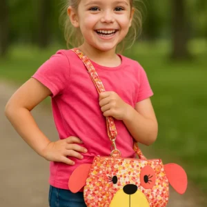 Smiling child with playful dog-themed bag.