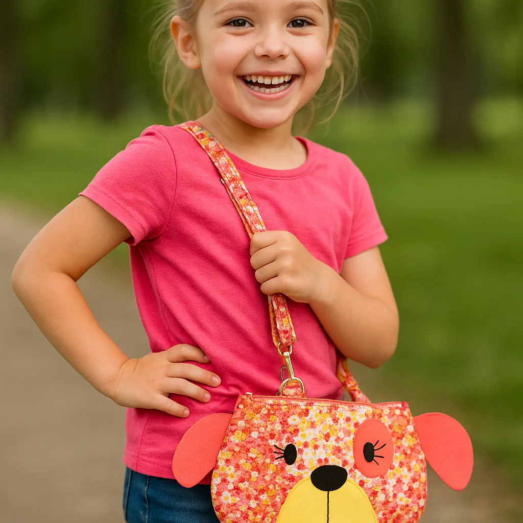 Smiling child with playful dog-themed bag.