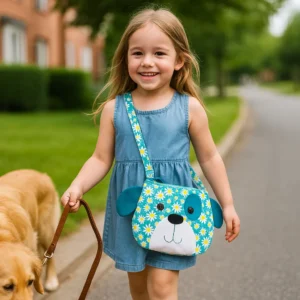 Smiling girl walking dog with floral bag