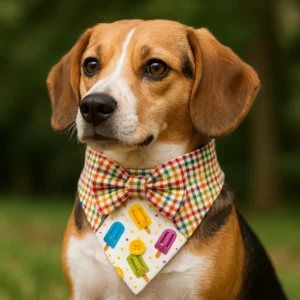 Dog wearing colorful bow tie outdoors
