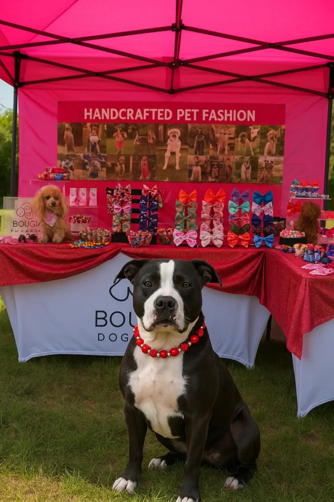 stylish pup at pet fashion booth Dog in front of pet fashion booth.