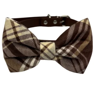 Plaid brown bow tie with leather strap