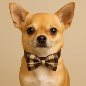 Chihuahua wearing plaid bowtie looks forward
