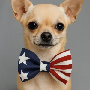 Chihuahua wearing American flag-themed bow tie.