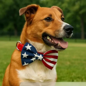 Dog with American flag bow tie in park.