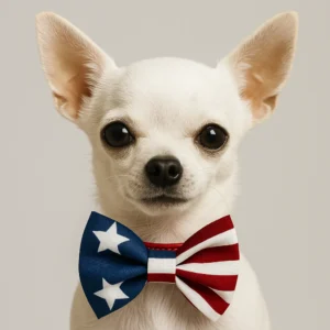 Chihuahua wearing American flag bow tie.