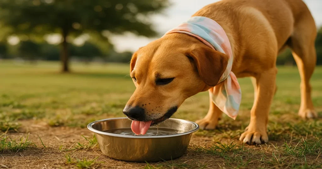best cooling dog accessories for summer body Dog wearing bandana drinking water from bowl outdoors.