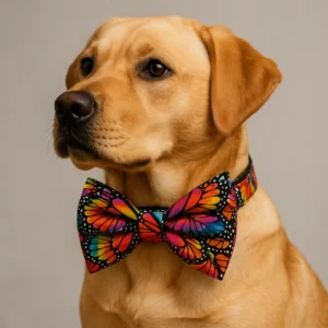 Golden Labrador wearing colorful butterfly bow tie