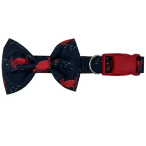 Navy dog collar with red crab pattern bow tie.