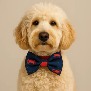 Fluffy dog wearing crab pattern bow tie.