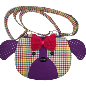 Colorful dog-shaped purse with red bow.
