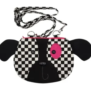Checkered dog-shaped purse with long strap