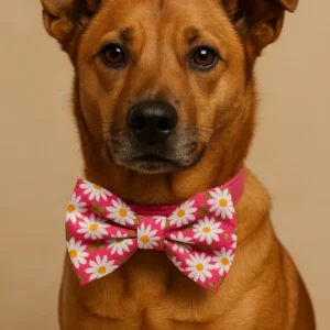 Dog wearing pink daisy-patterned bow tie.