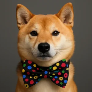 Shiba Inu wearing colorful polka dot bow tie.