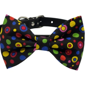 Colorful polka dot bow tie on black strap.