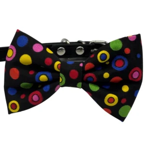 Colorful polka dot bow tie with black background.