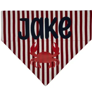 Red crab bandana with stripes and name design.