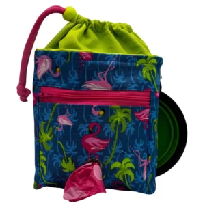 Colorful bag with flamingo pattern and drawstring closure.