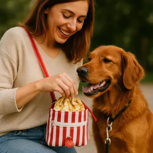 Woman sharing treats with dog in park