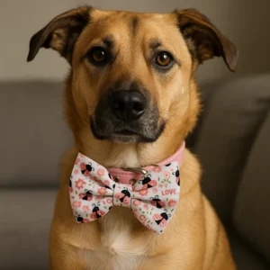 Dog wearing cute bowtie with ladybug pattern.