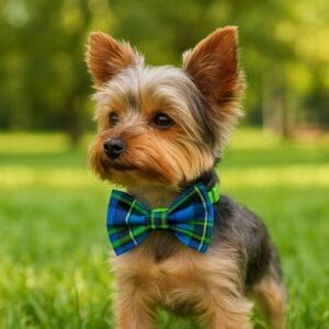 Yorkie with blue plaid bow tie in park.