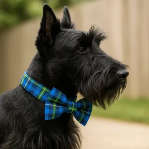 Scottish Terrier wearing blue tartan bow tie.