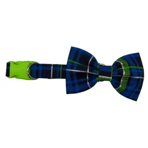 Blue plaid bow tie with green accents