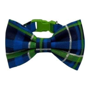 Green and blue plaid bow tie on green strap.