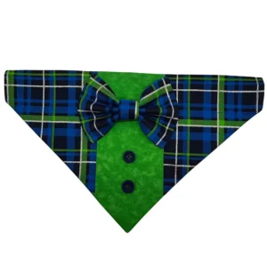 Green plaid dog bandana with bow tie.