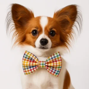 Papillon dog wearing colorful bow tie.