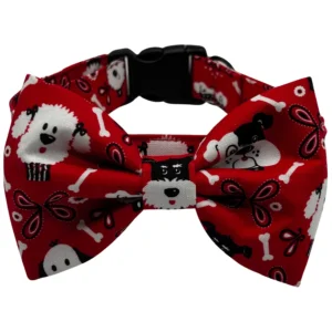 Red dog collar with cartoon animals and bones.
