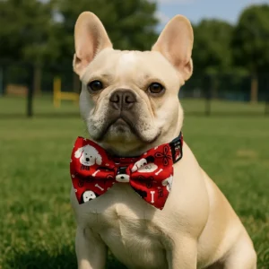 French bulldog with red bow tie in park