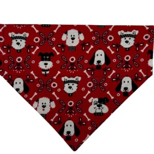 Red dog bandana with cartoon designs.